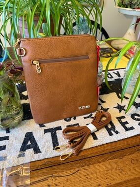 Montana West Tan Leather-Look Crossbody with Gold Zipper Pull